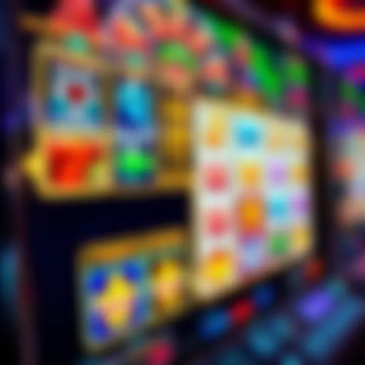 Colorful online slot machine interface with various symbols and payout options displayed