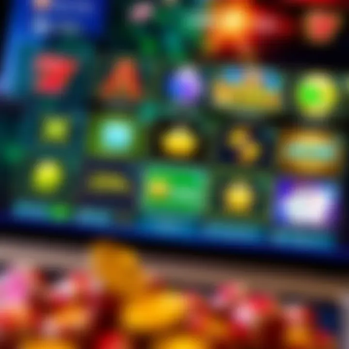 Illustration of a digital casino interface displaying various game options and payment icons