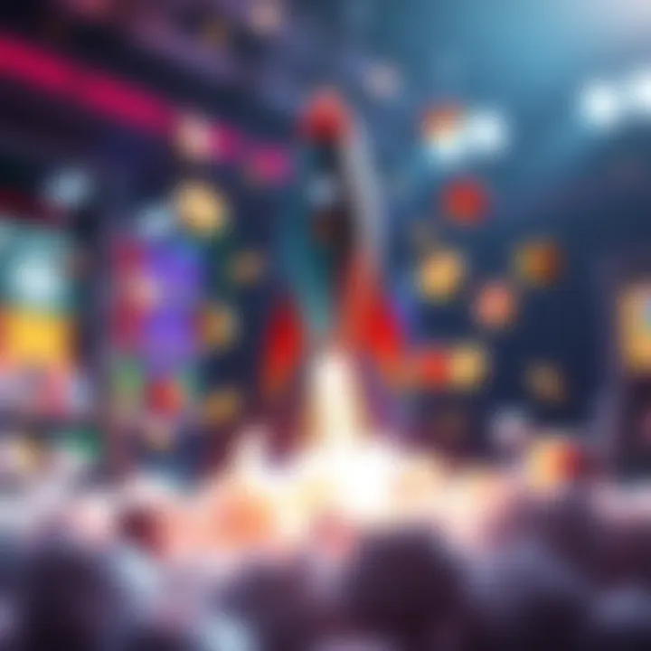 Colorful rocket launching with casino game icons surrounding it symbolizing online gaming bonuses