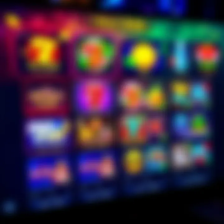 Colorful online casino game interface with various slot game icons and betting options