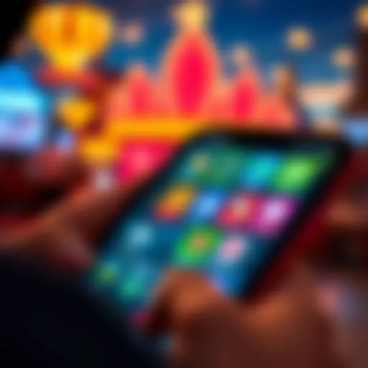 Android smartphone displaying the RocketPlay app interface with vibrant icons and user options