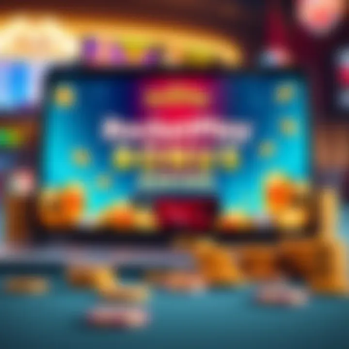 Illustration of a laptop screen displaying RocketPlay casino bonus codes with coins and gaming icons around
