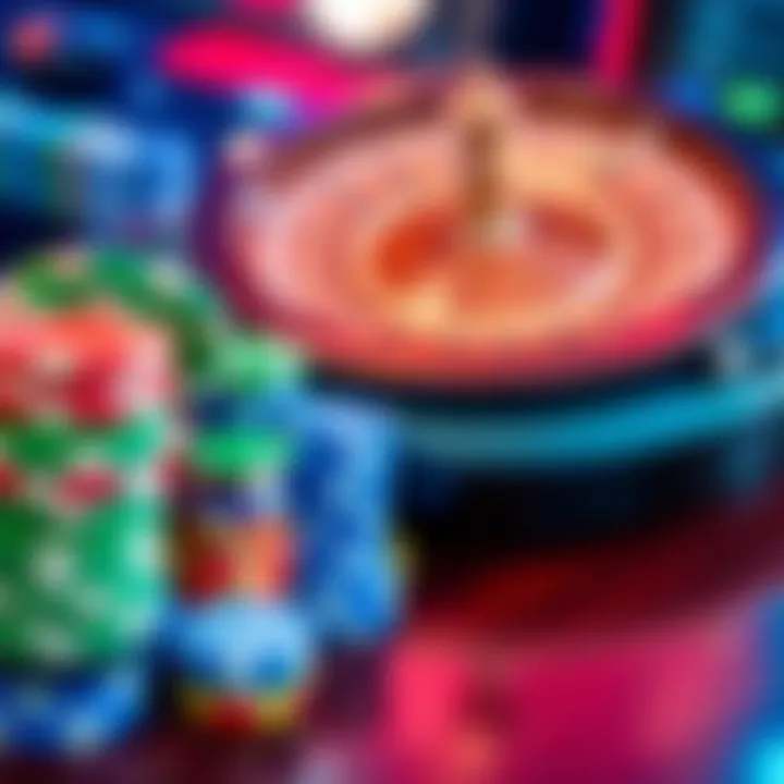 Colorful casino chips stacked beside a spinning roulette wheel representing bonus rewards