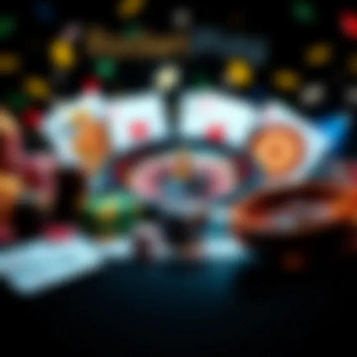 Variety of casino game icons including cards, roulette, and dice on a dark background