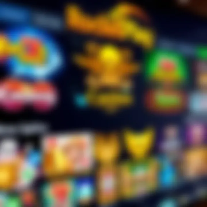 Variety of casino games displayed on a digital interface with bright graphic icons