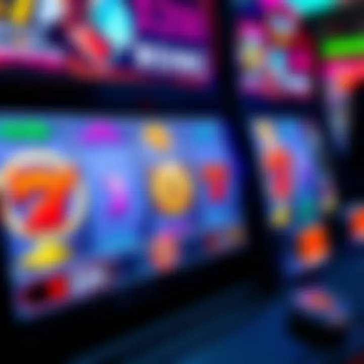 Digital slot machine displaying spinning reels with vibrant symbols