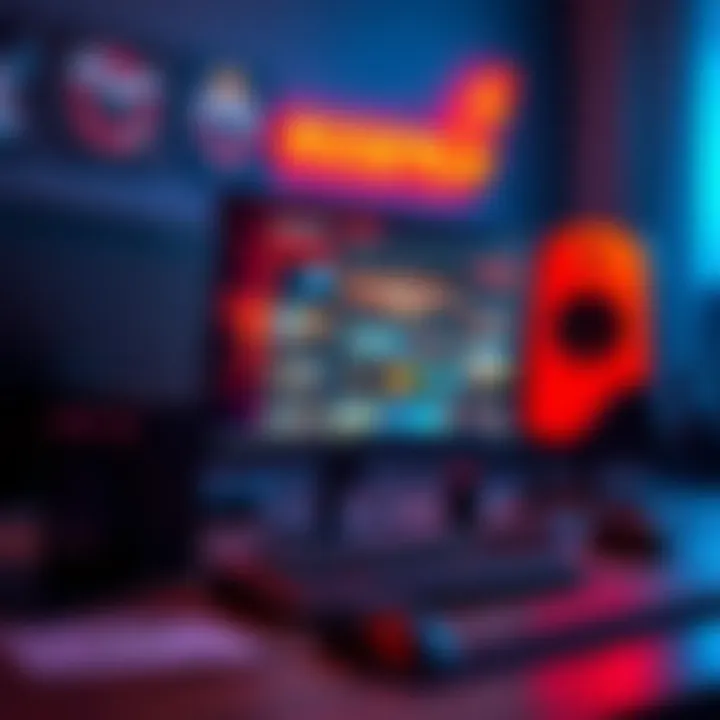 Gaming setup featuring a desktop computer with RocketPlay application open and accessories