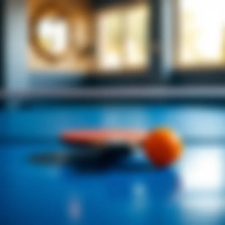 RocketPlay table tennis paddle and ball on a bright blue table