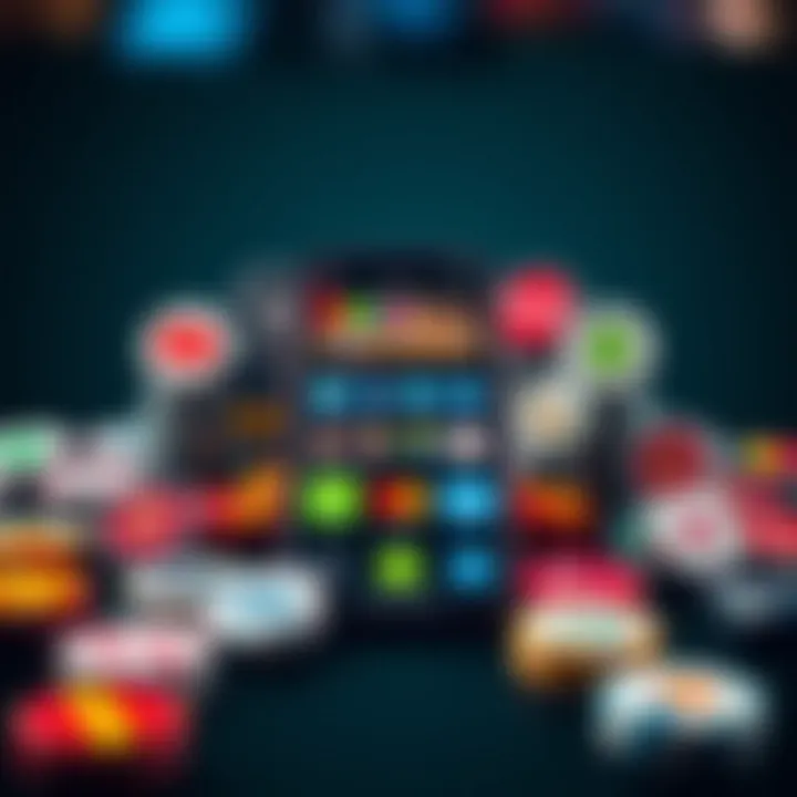 Various payment method icons arranged around a smartphone showing an online casino app