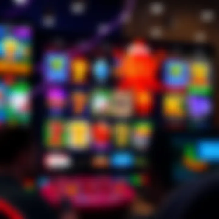 Colorful digital casino interface with various slot games on screen