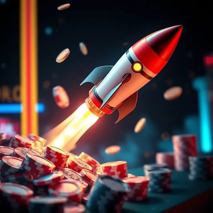 Illustration of a glowing rocket launching with casino chips and bonus icons around