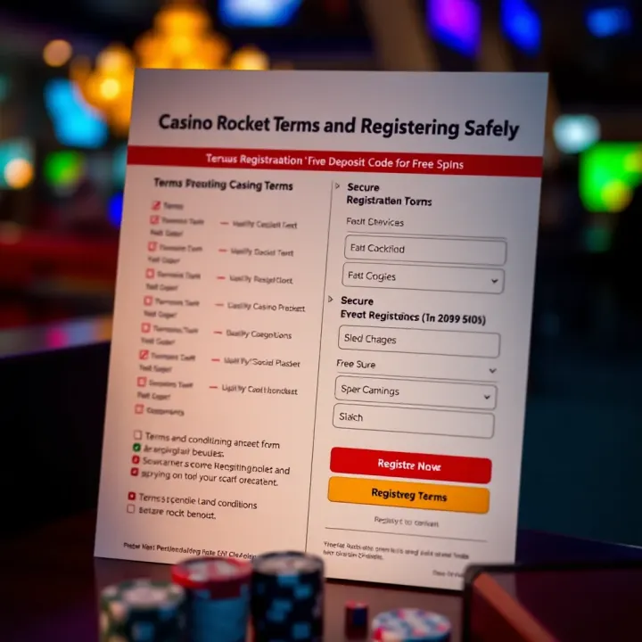 Illustration of terms and conditions checklist alongside a secure registration form for Casino Rocket bonuses