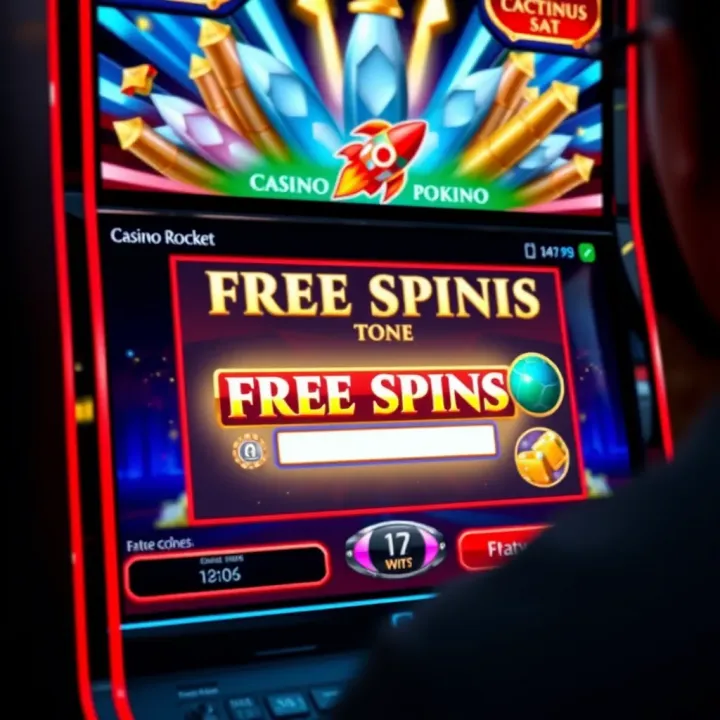 Interface showing Casino Rocket no deposit code entry and free spins activation on a digital slot machine
