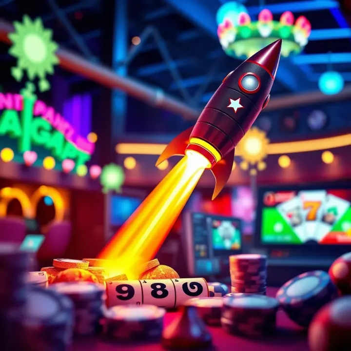 Illustration of a rocket launching with casino-themed elements symbolizing no deposit bonus codes