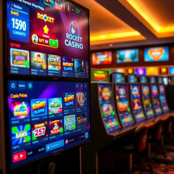Diverse Game Options at Rocket Casino Variety of casino games displayed on a digital screen with vibrant graphics and betting options