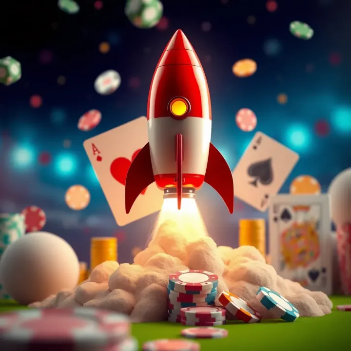 Illustration of a rocket launching with casino symbols like cards and chips in the background representing Rocket Casino bonuses